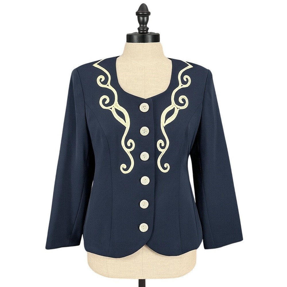 Navy Decorative Trim Button-Front Women's Blazer